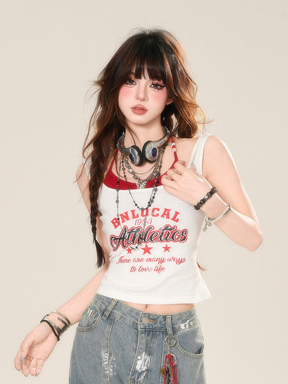 Drucken Glamouröse Rot und Weiß Neckholder Brief Zwei-stück Tank Top Faux