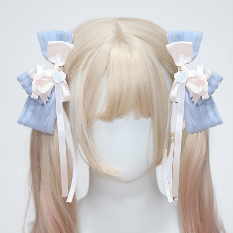 Hairclips Ribbon and Heart with Blue Pink Striped Streamers/Cat Charms Lolita Ear Bow