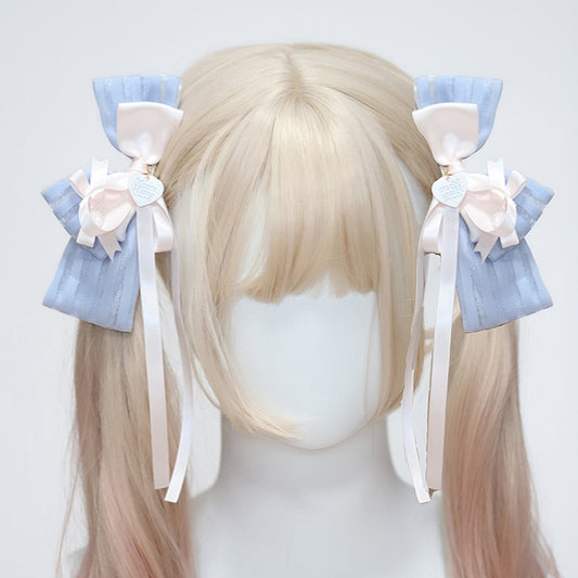 Hairclips Ribbon and Heart with Blue Pink Striped Streamers/Cat Charms Lolita Ear Bow