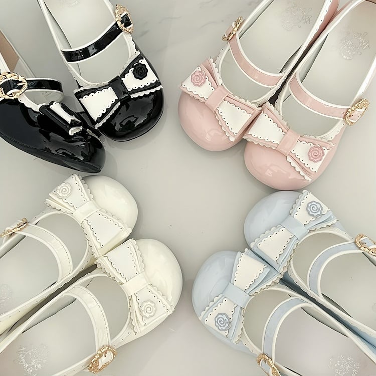 Hem Sweet with Scalloped Bow Blue Mid-heel Accents Mary Lolita Janes