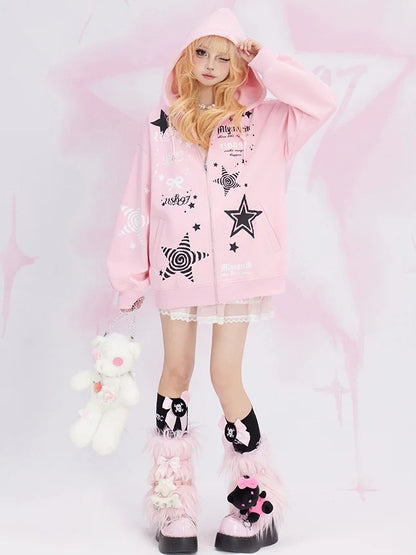Pink Stars Print Spring Zip Hoodie