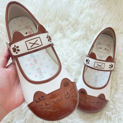 Kitten Cat Sweet Embroidery Toe Ear Flat Mary Janes Paw Theme PU with - Lolita Velcro Round Brown