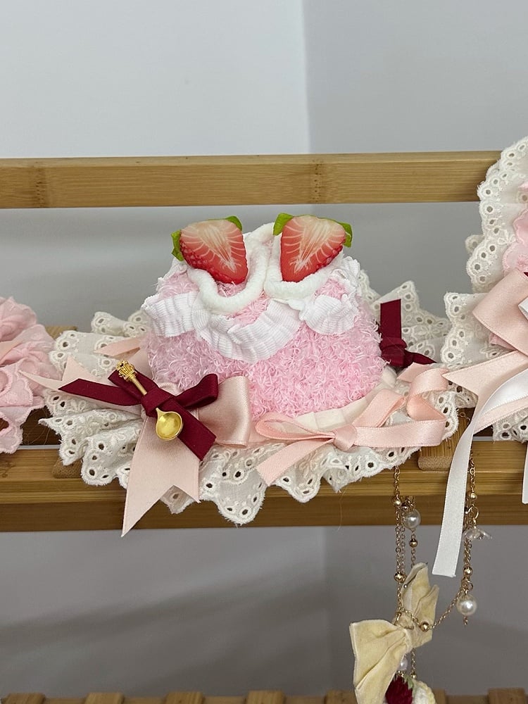 with Embellishments and Bow Mini Hat Pink Red Sweet Lolita Strawberry Cake-shaped