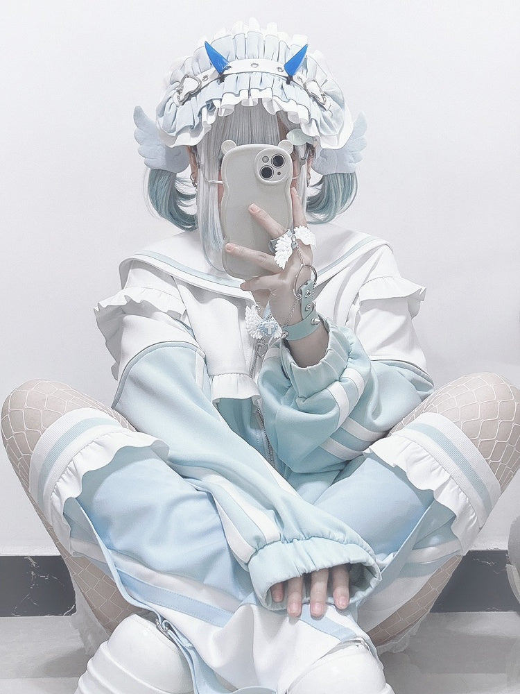 Sweatshirt mit Reißverschluss und Kragen, weißgrün, Kei-Verschluss, Jirai-Jacke, Matrose