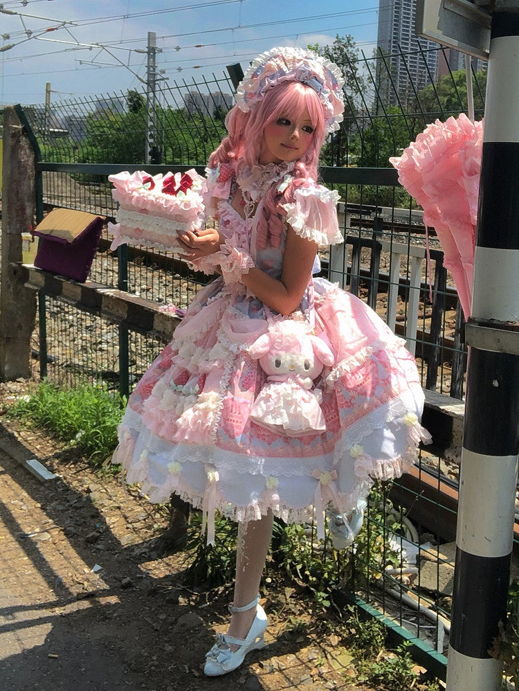 Blue & Pink Strawberry Cake Print Flutter Sleeve Lolita JSK - Ball Lolita