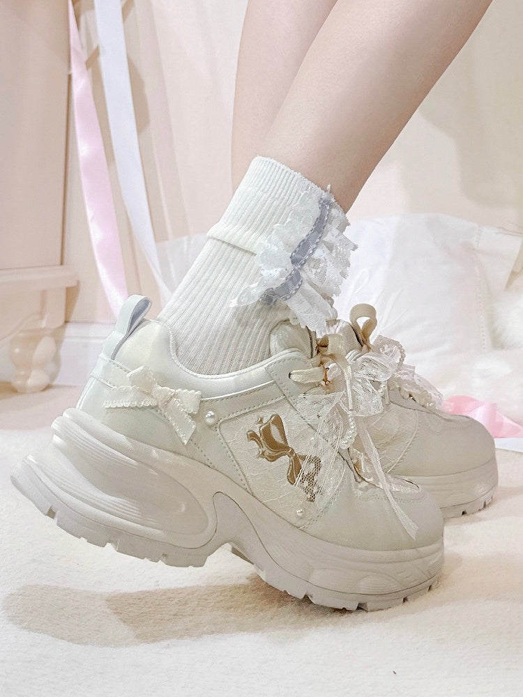Bowknot Details Lace-up Front Ties White Beaded Decorated Sneakers