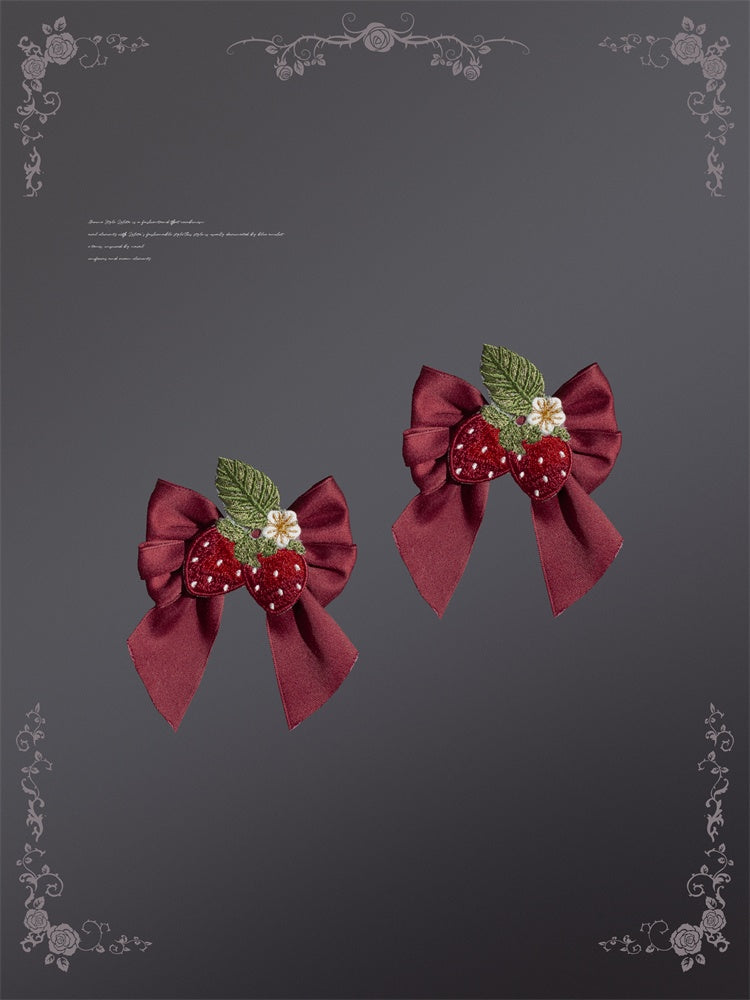 Wine Red Strawberry and Bow Cottagecore Country Lolita Hairclips