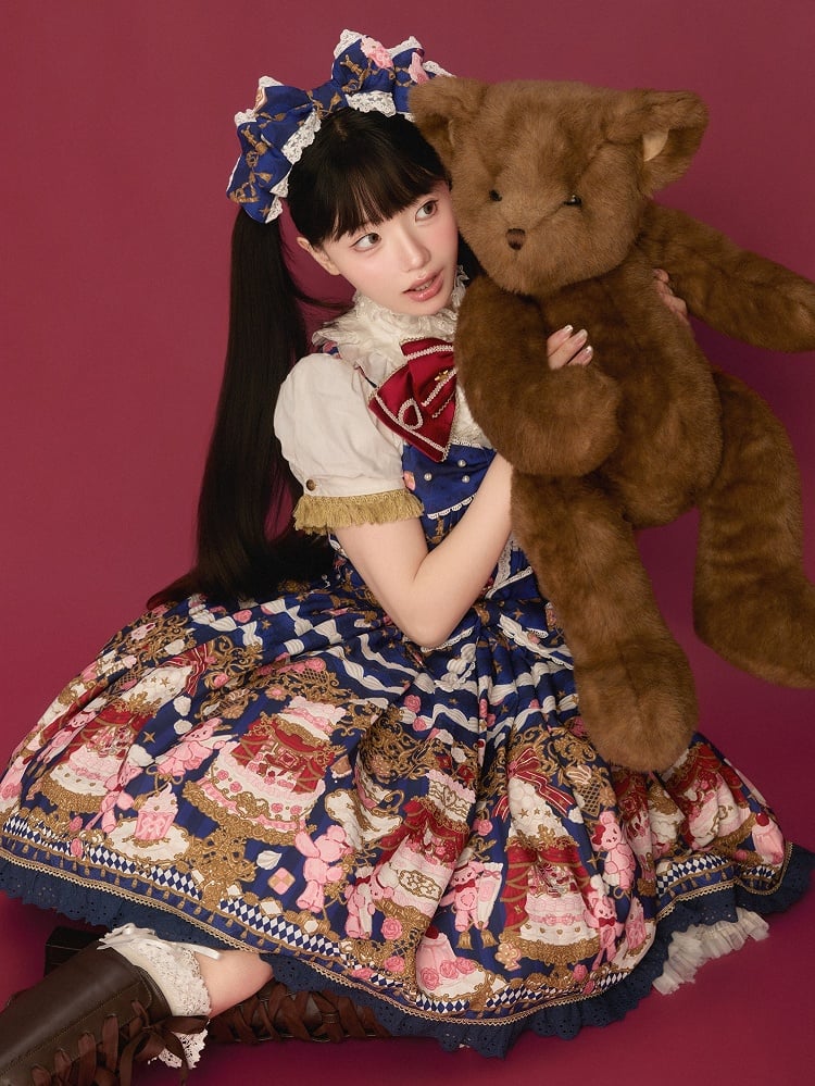 Lolita and Print Dress Details Sweet Bow Lace JSK Cake Blue Bear with Trim Dark
