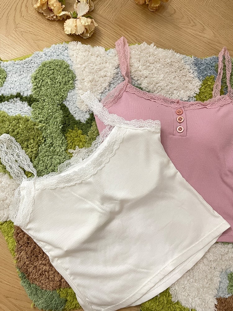 ホワイトピンクのレーストリムキャミソールトップ