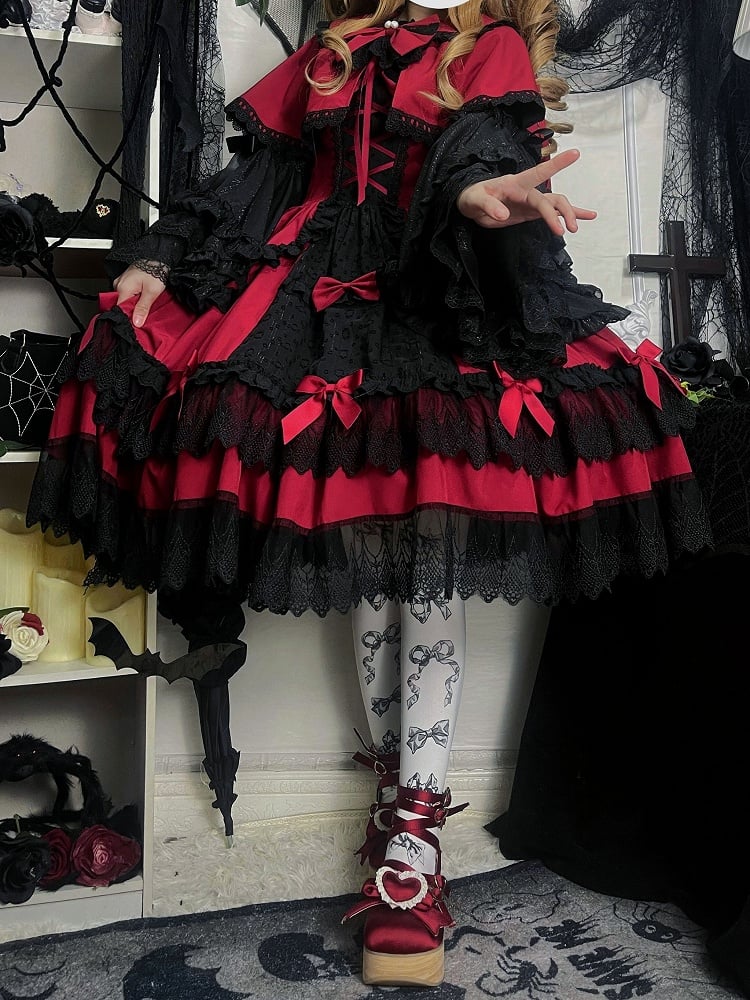 Rot-schwarzes Old School Lolita Fashion Kleid Bowknot JSK Set