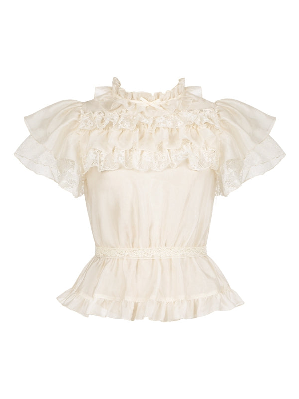 フリルブラウス ベージュネックライン バタフライスリーブ