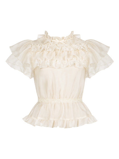 フリルブラウス ベージュネックライン バタフライスリーブ