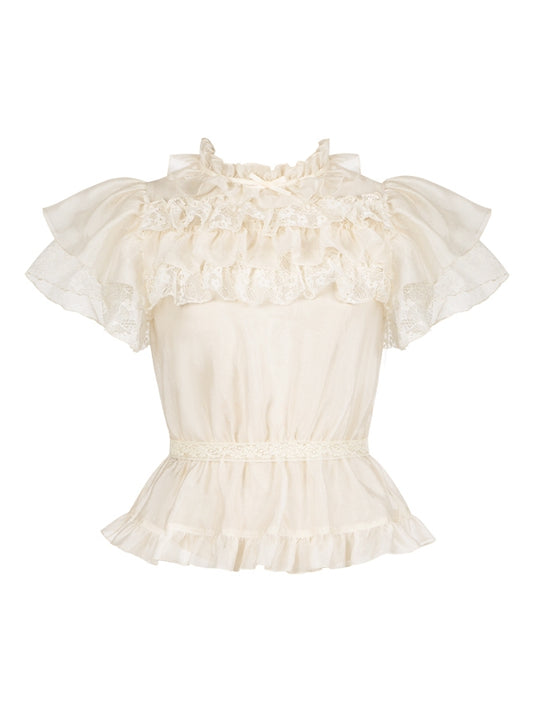 フリルブラウス ベージュネックライン バタフライスリーブ