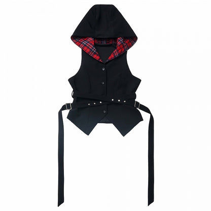 Waist Adjustable Belt with Vest Black Curved Hem Idol Red Plaid Hood