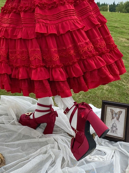 Herzförmige, zarte High Janes mit Schleife, Sweet Mary-Plattform – Lolita-Absatz, herzverzierter Schnallenblock mit Rot