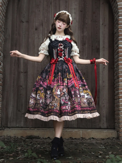 Pink Black Apple Embroidery Bow JSK Dress with Red Shoes Story - Forest Fairy Tales