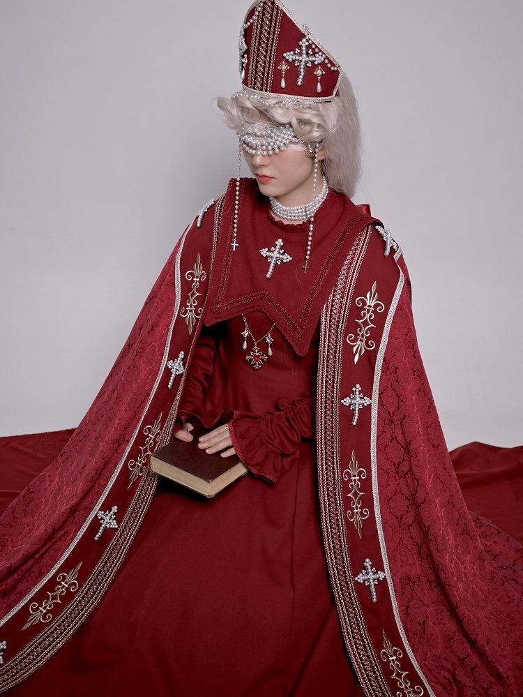 Cross Decorated Details Lolita Cloak and Wine Embroidery Red Nun