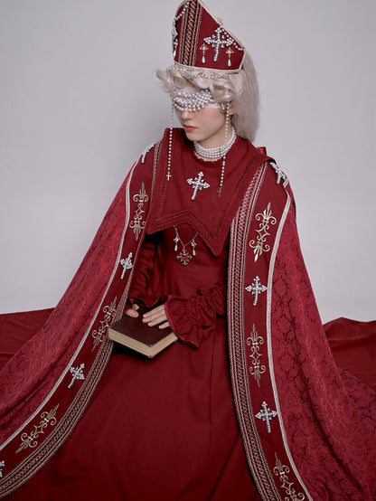 Cross Decorated Details Lolita Cloak and Wine Embroidery Red Nun