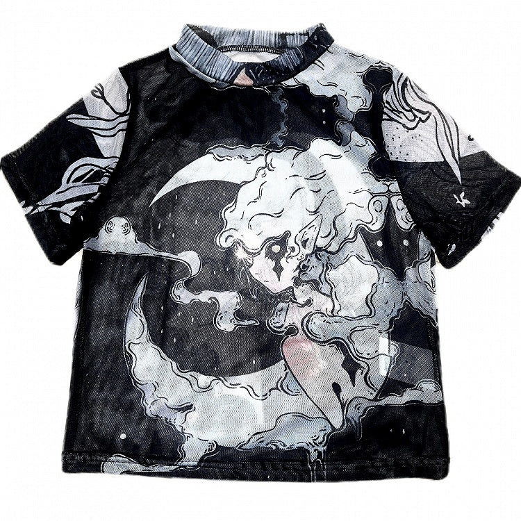 プリント漫画トップギャルスリーブブラックショートファッション