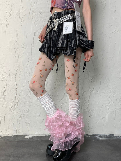 White Y2K + Pattern Multi-layered Set Floral Leg WhitePink Sleeves Lace Tights Trim