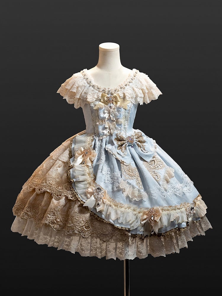 Princess Accents Bow Lolita Bead Blue Rhinestone Dress and