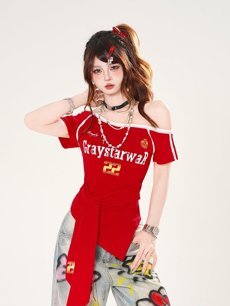 Red/Blue Straps at Waist Asymmetrical Neckline Blokette Core T-shirt Self-tie