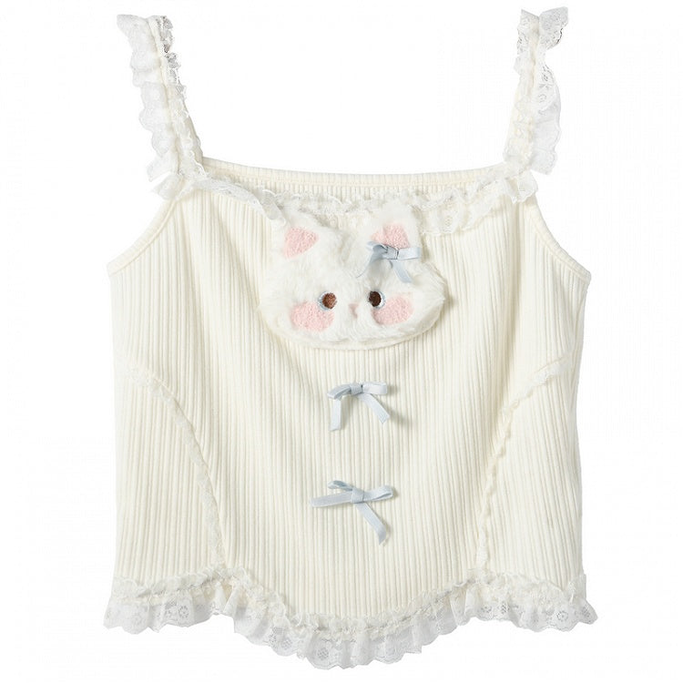 Cami Top mit Schleife und Plüsch-Kätzchen-Applikation, gerüschter Spitzenbesatz, Weiß