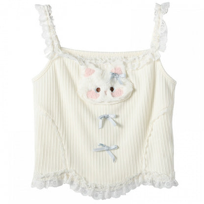 Cami Top mit Schleife und Plüsch-Kätzchen-Applikation, gerüschter Spitzenbesatz, Weiß