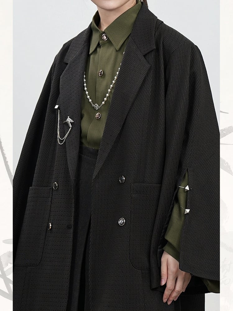 Chinese Placket Cuff Blazer Sleeve Style Black Button in Vents Breasted Double