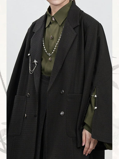 Chinese Placket Cuff Blazer Sleeve Style Black Button in Vents Breasted Double