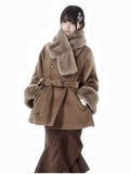 Coffee Oversized Long-Sleeve Coat with Detachable Plush Cuffs
