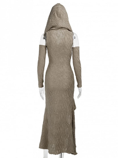 Slit Cuffs Wasteland Khaki Dress with Detachable Thigh Hooded Sleeveless Mermaid