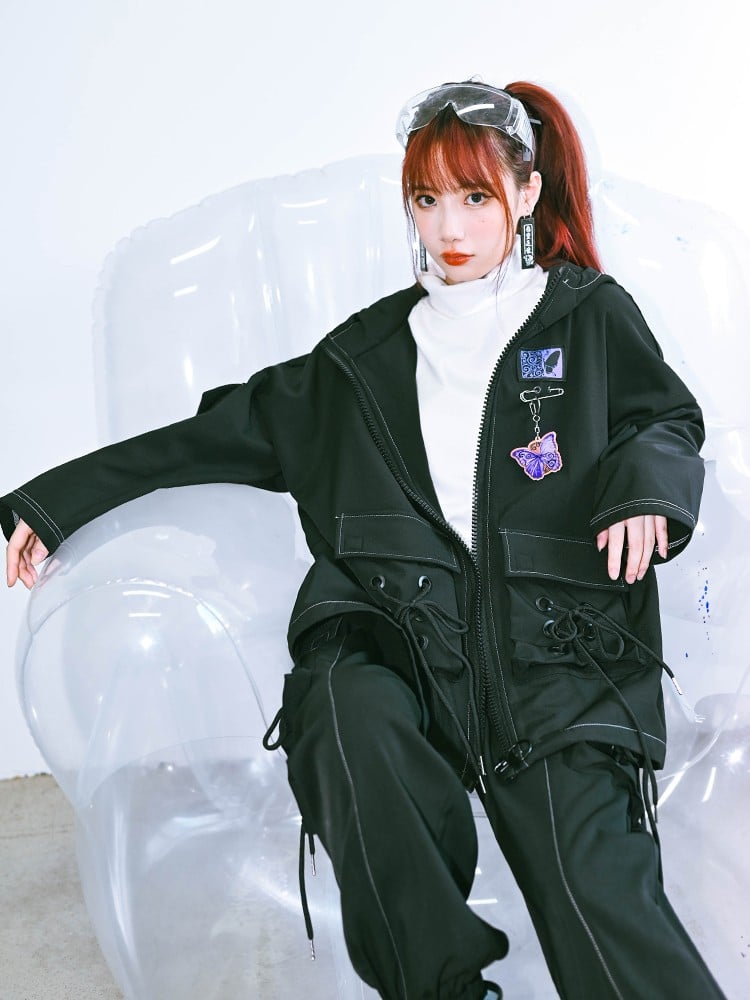 Black Cape 3D Drawstring Gothic Butterfly Pockets Crisscross with Hooded Embroidery Fleece-Lined Jacket