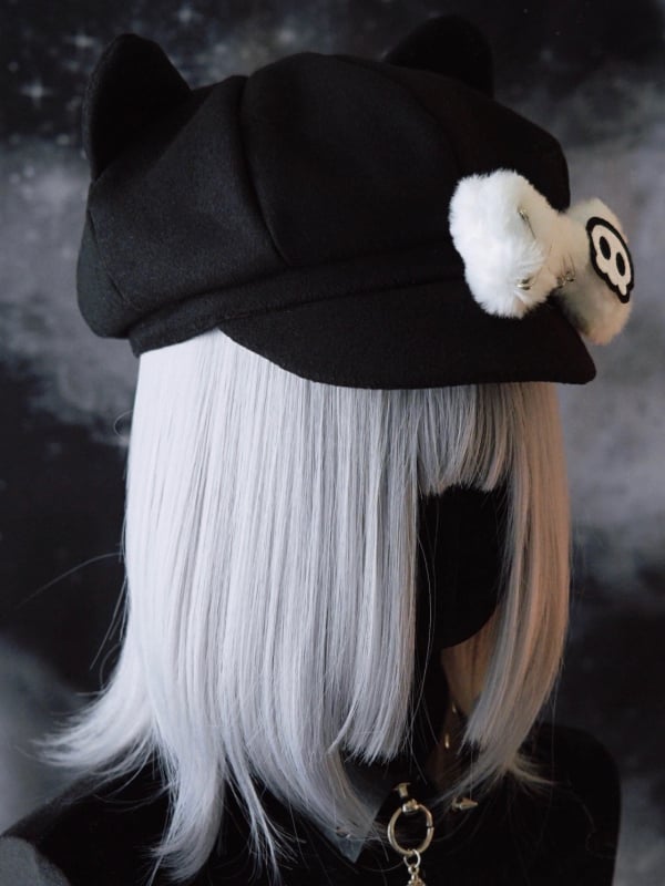 Applique Beret Bone Pin Cat Hat Plush Skeleton Design Decorated Ear Gothic Black
