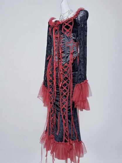 Gothic Black&Red Lace Trim Floral Mermaid Dress+Lace-up Detail Cross Corset Belt