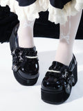 Rabbit Details Trim Block with - Design High Ruffle Bead Platform Lolita Black Heels Cross-Embroidered