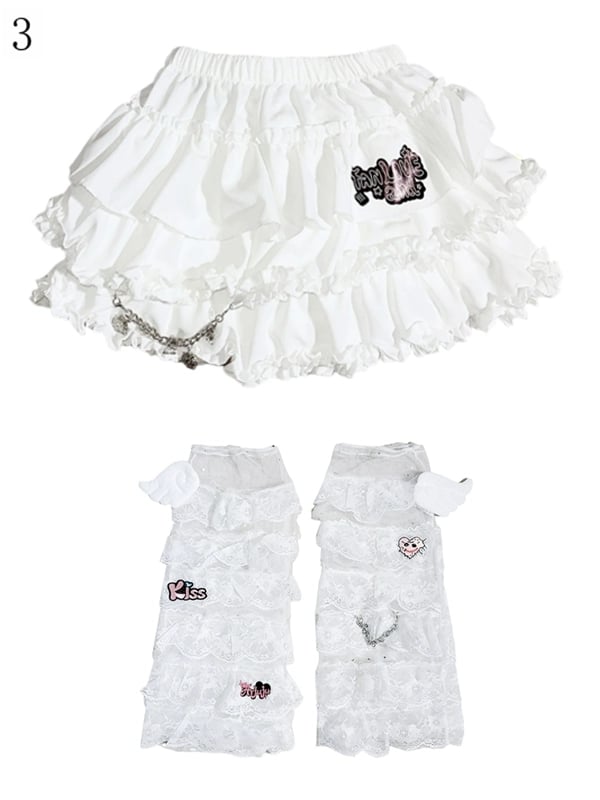 Accents Chain Detachable Trim Ruffle White Skirt Y2K - Tiered