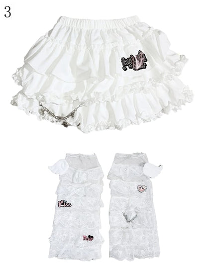 Accents Chain Detachable Trim Ruffle White Skirt Y2K - Tiered