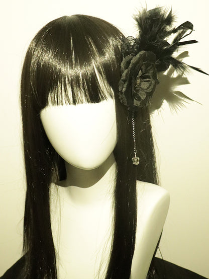 Crown Charm Design Black Feather Decorated Hairclip Floral