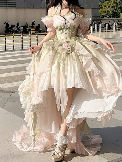 Neckline High-low PinkGreen with Dress Bodice Gradient Color Lolita Off-the-shoulder Boned