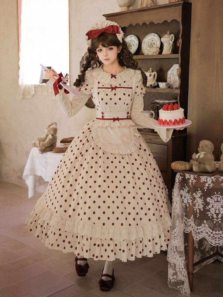 Long Beige and Red Polka Dot Puff-Sleeve Faux Layered Lolita OP Set with Apron - With PUJI