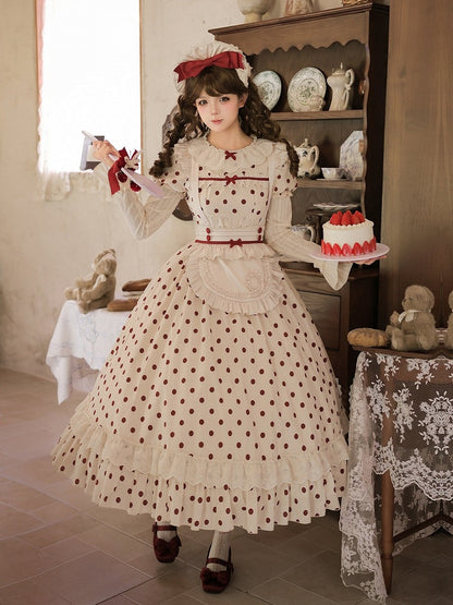 Long Beige and Red Polka Dot Puff-Sleeve Faux Layered Lolita OP Set with Apron - With PUJI