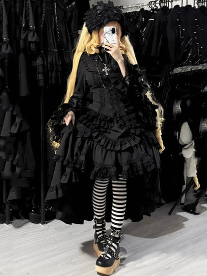 Ruffle Aristocrat Gothic Black Drawstring Layered Lolita High-low Skirt
