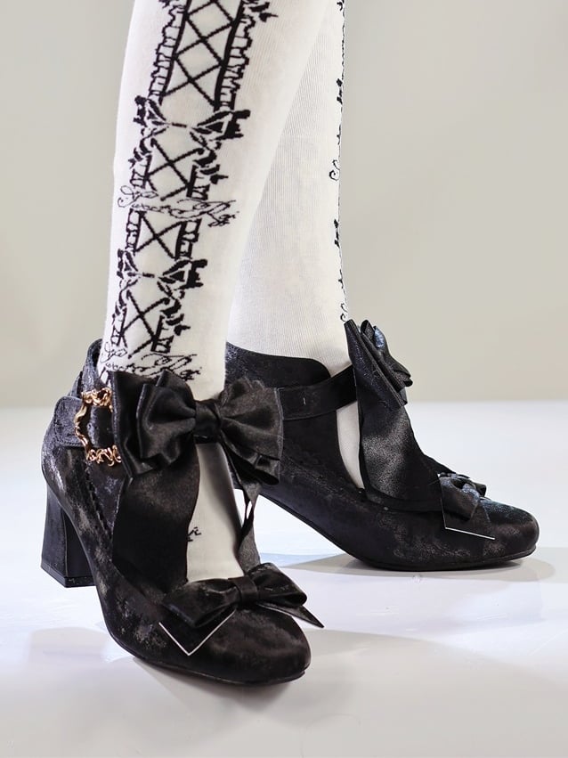 Black with Bow Elegant Block Accented Heel Lolita High
