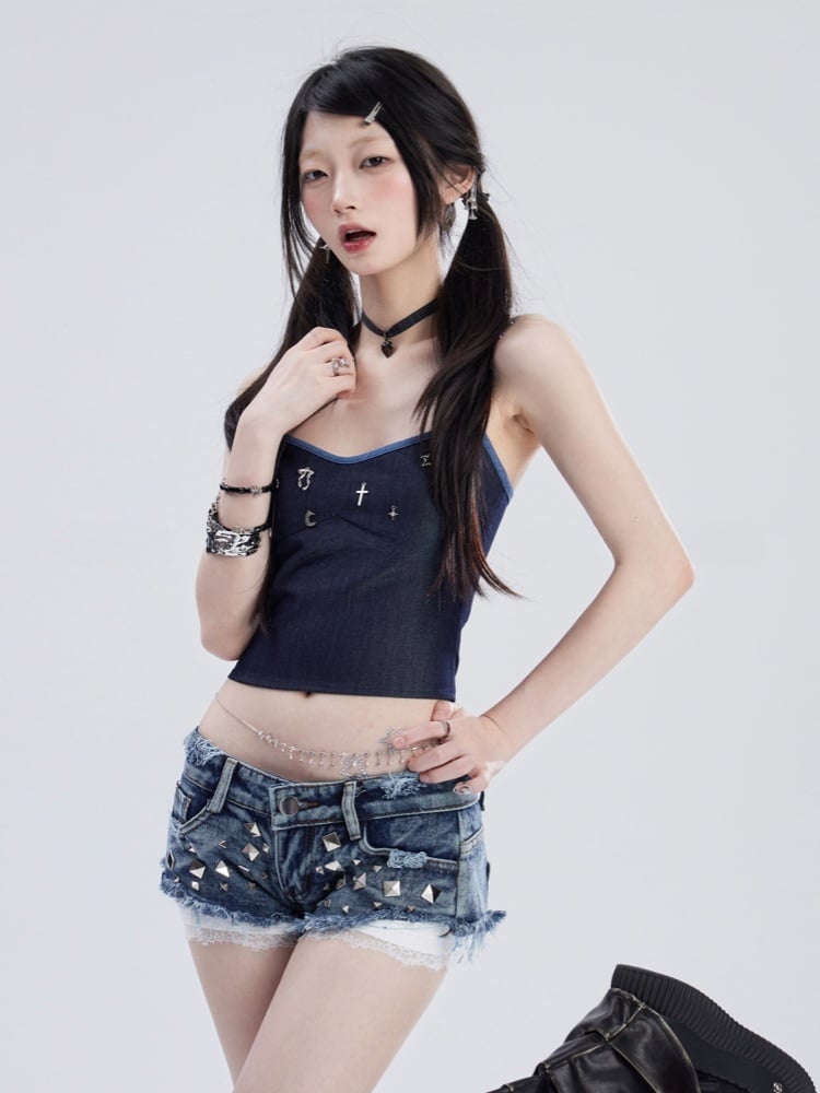 Studded Waist Raw Y2K Blue Low Glamorous Denim Shorts Hem