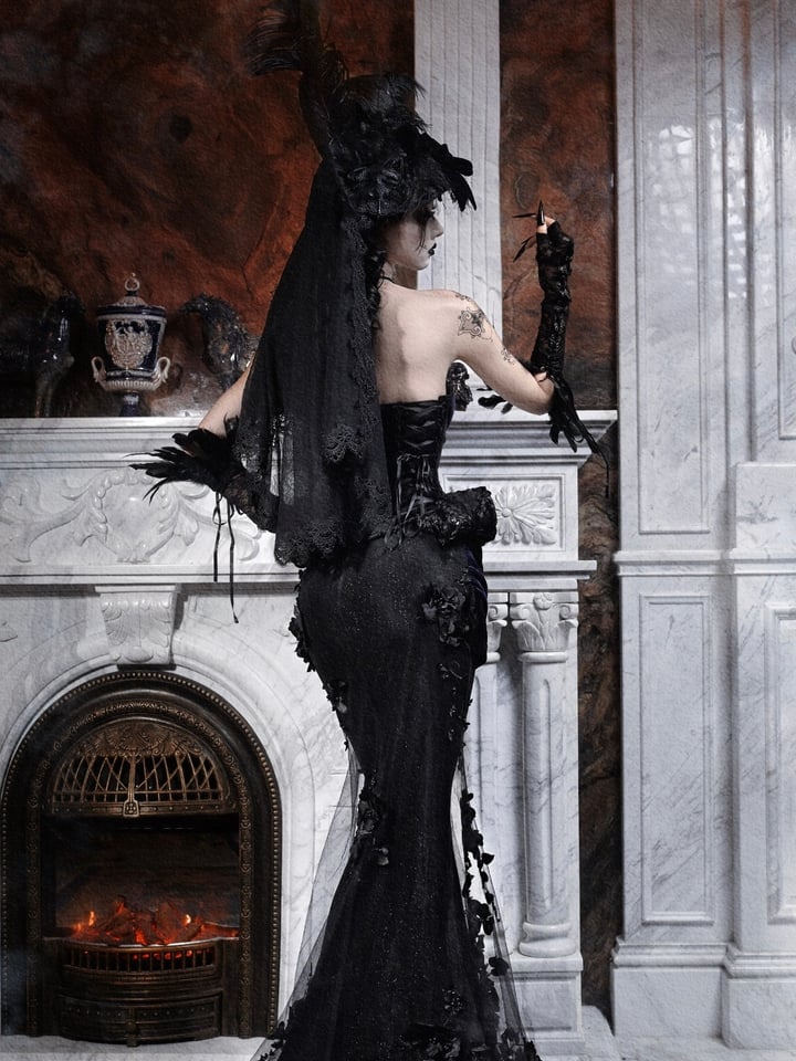 Mesh Accent with Flower Bow Black Mermaid Skirt Rose Beaded Shimmering Panels Purple