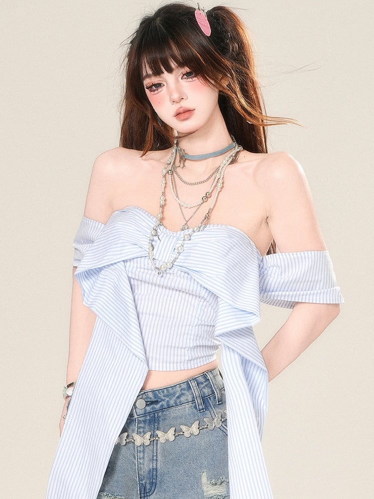 Striped Neckline Glamorous Top Blue Big Bow Cropped