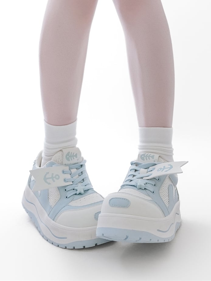 Light Blue Tenshi Kaiwai Platform Sneakers with Anchor Fish Bone Decor and Front Lace-Up Size 35 - GURURU
