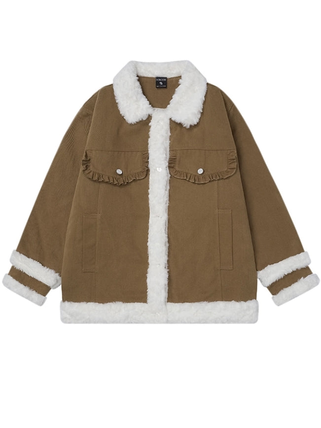 Dicke Jacke mit Polokragen und Plüschbesatz in Rosa/Kamel