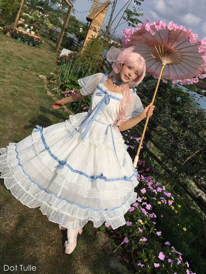 Blue Butterfly Sleeve Classic Lolita Tiered OP Dress - Rainbow Cat